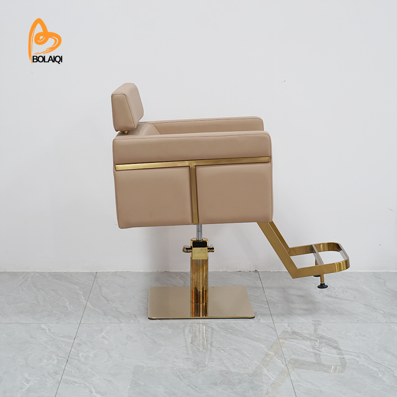 BOLAIQI Nordic Style Hair Salon Chair Gold Stainless Steel Base Beige Leather Styling Chair