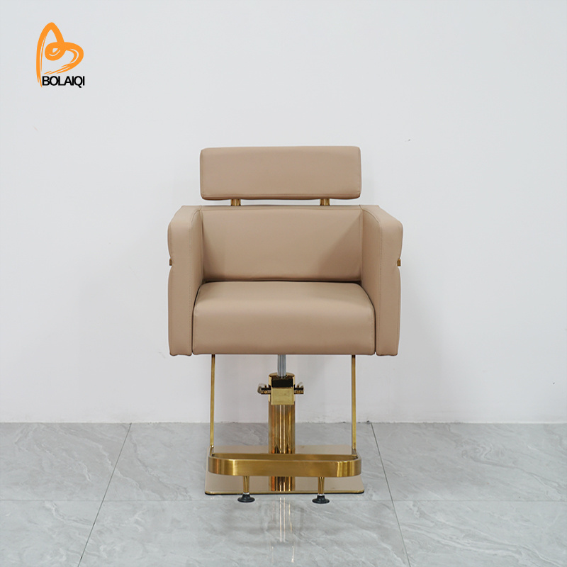 BOLAIQI Nordic Style Hair Salon Chair Gold Stainless Steel Base Beige Leather Styling Chair