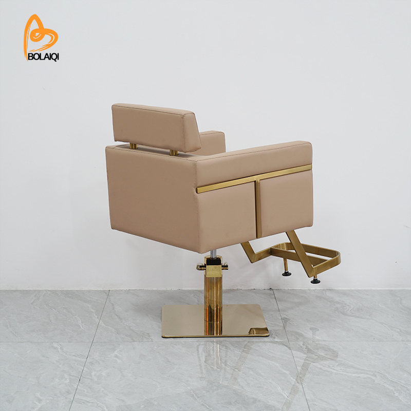 BOLAIQI Nordic Style Hair Salon Chair Gold Stainless Steel Base Beige Leather Styling Chair