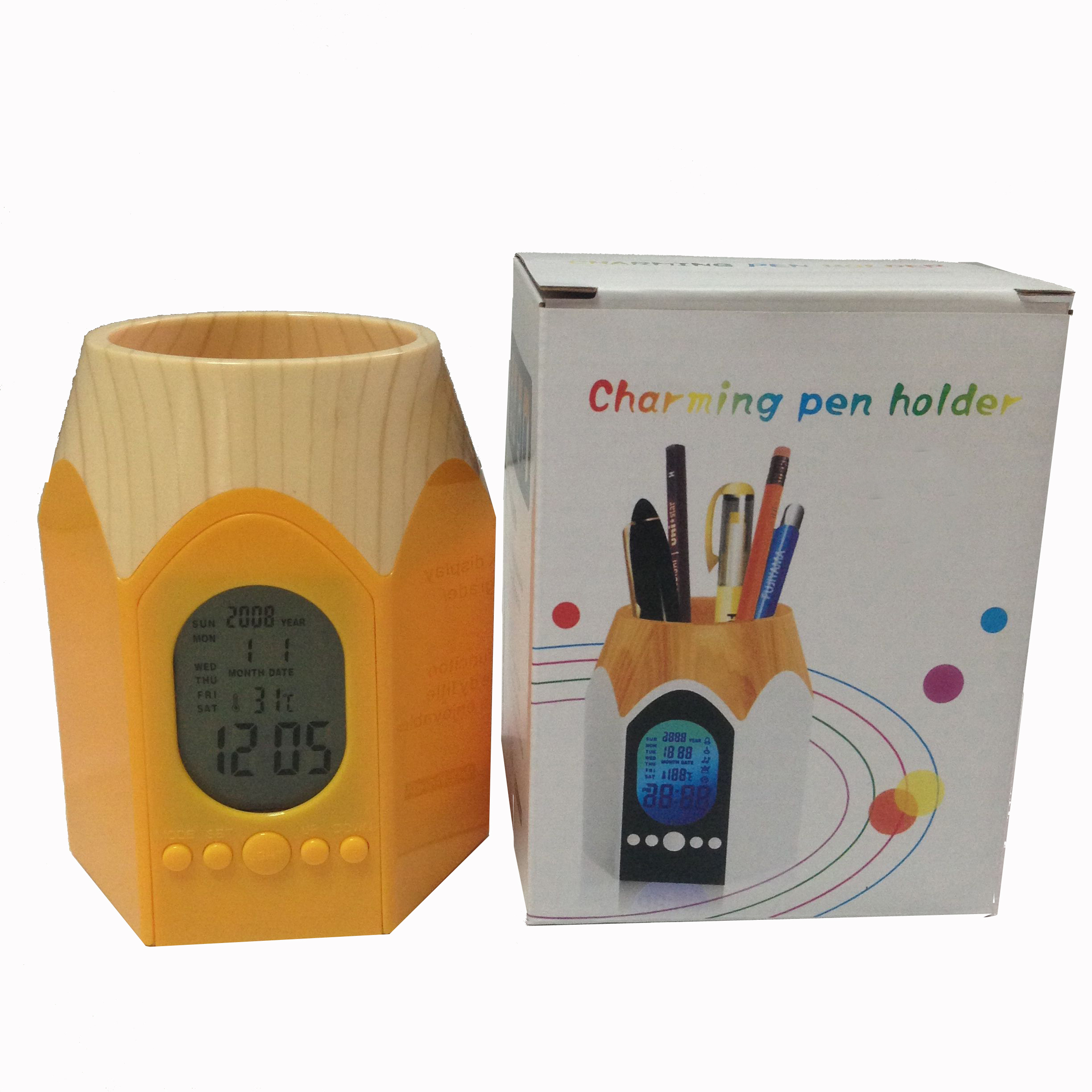 BSCI  ISO9001 Multi Function Charming Pencil Shaped Tip Electronic Pen Holder With Calendar And Alarm Clock