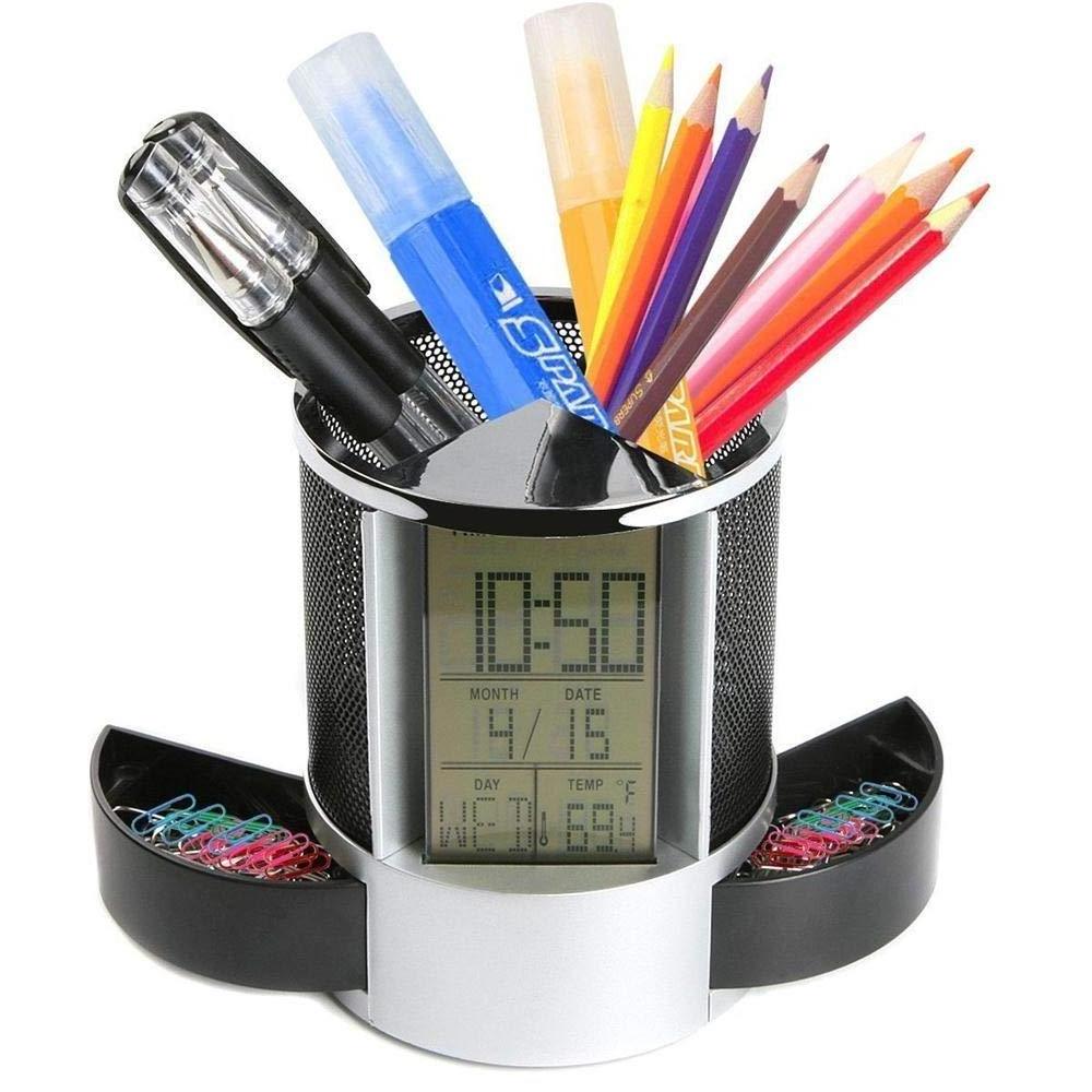 BolerGifts Digital LCD Desk Alarm Clock Mesh Pen Pencil Holder Calendar Timer Temperature Table Desktop Clock 2 Small Drawer