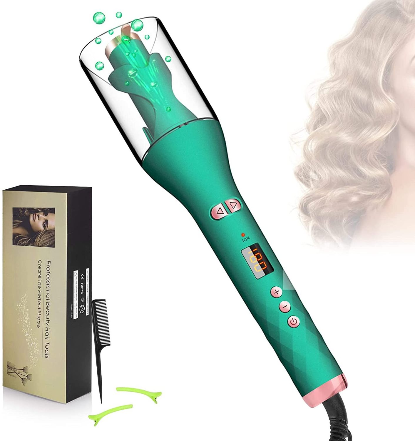 Electric Transparent Hair Curler Negative Ion Curling Iron Rotating Curler Irons with LCD Mini Automatic Curler Wands