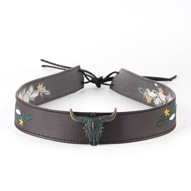 92cm National Style Decoration Handmade Embroidery Creative Garment Accessories European Cow Head PU Holster Hat Belt With Plant