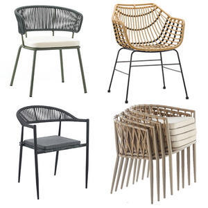 2023 hotsell woven rope rattan outdoor stackable wholesale iron frame metal patio garden dining chair with waterproof cushion