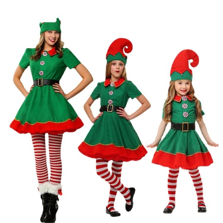 Christmas Costume children's Christmas Elf costume role play parents and children wear adult children's men and women's Green Ch