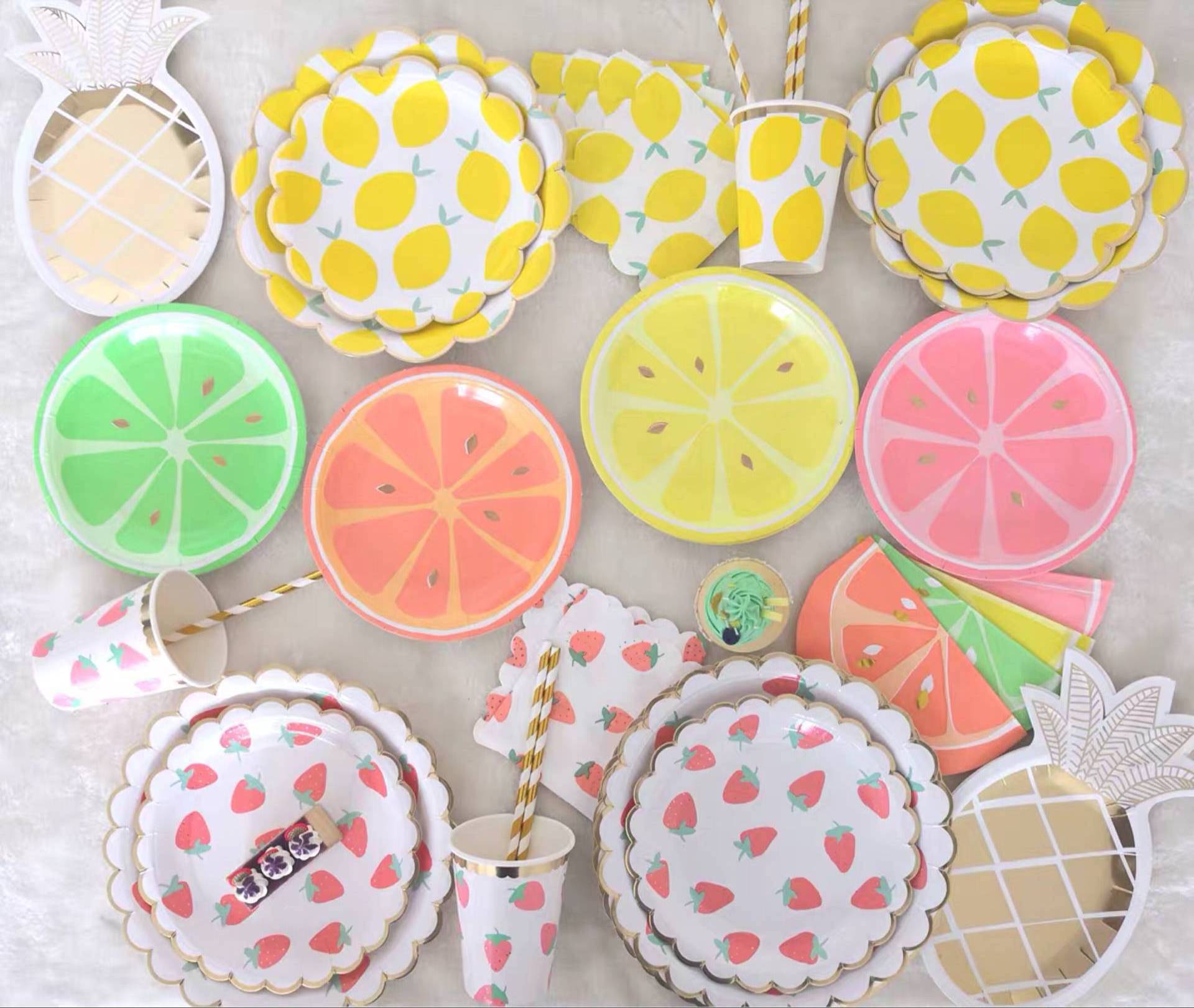 Fruit printed strawberry lemon plates set party supplies party plates and cups