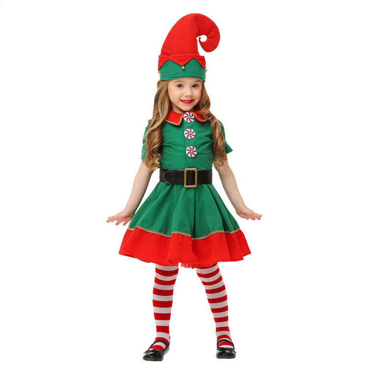 Christmas Costume children's Christmas Elf costume role play parents and children wear adult children's men and women's Green Ch