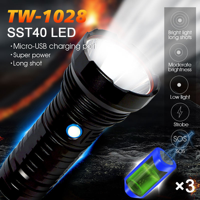 2024 Outdoor Waterproof IP65 Portable Emergency Lighting Black USB Led Rechargeable Flashlight