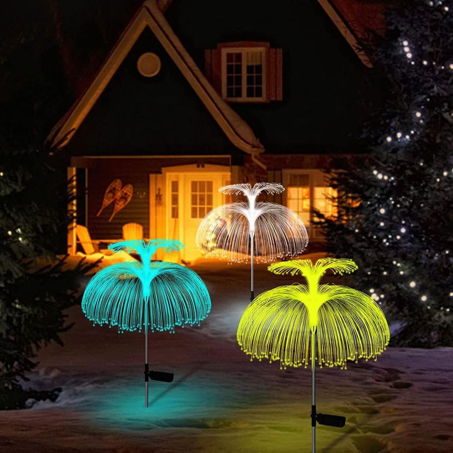 2024 New Style Solar Powered Lawn Lamps 7 Color Changing Double-Deck RGB Garden Lights Solar Jellyfish Fiber Optic Light