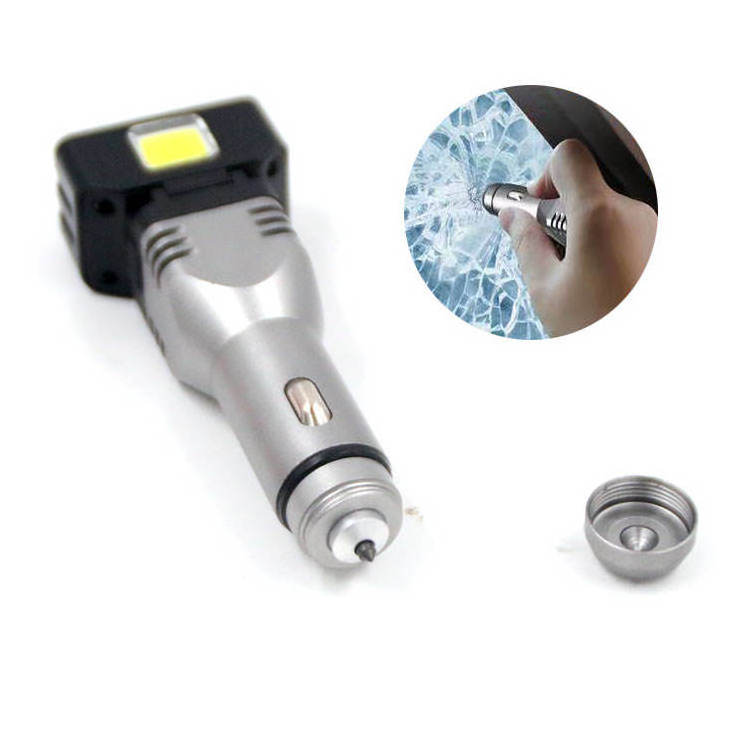 Led Torch Light Portable Aluminum Plastic Security Hammer Cob Charger Rechargeable Car Charging Flashlight With Power Bank