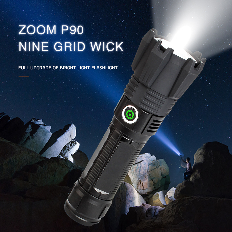 P90 Bright Nine Palace Grid Lamp Beads Third Gear Light Adjustment External Lithium Battery Led Lights Flashlight