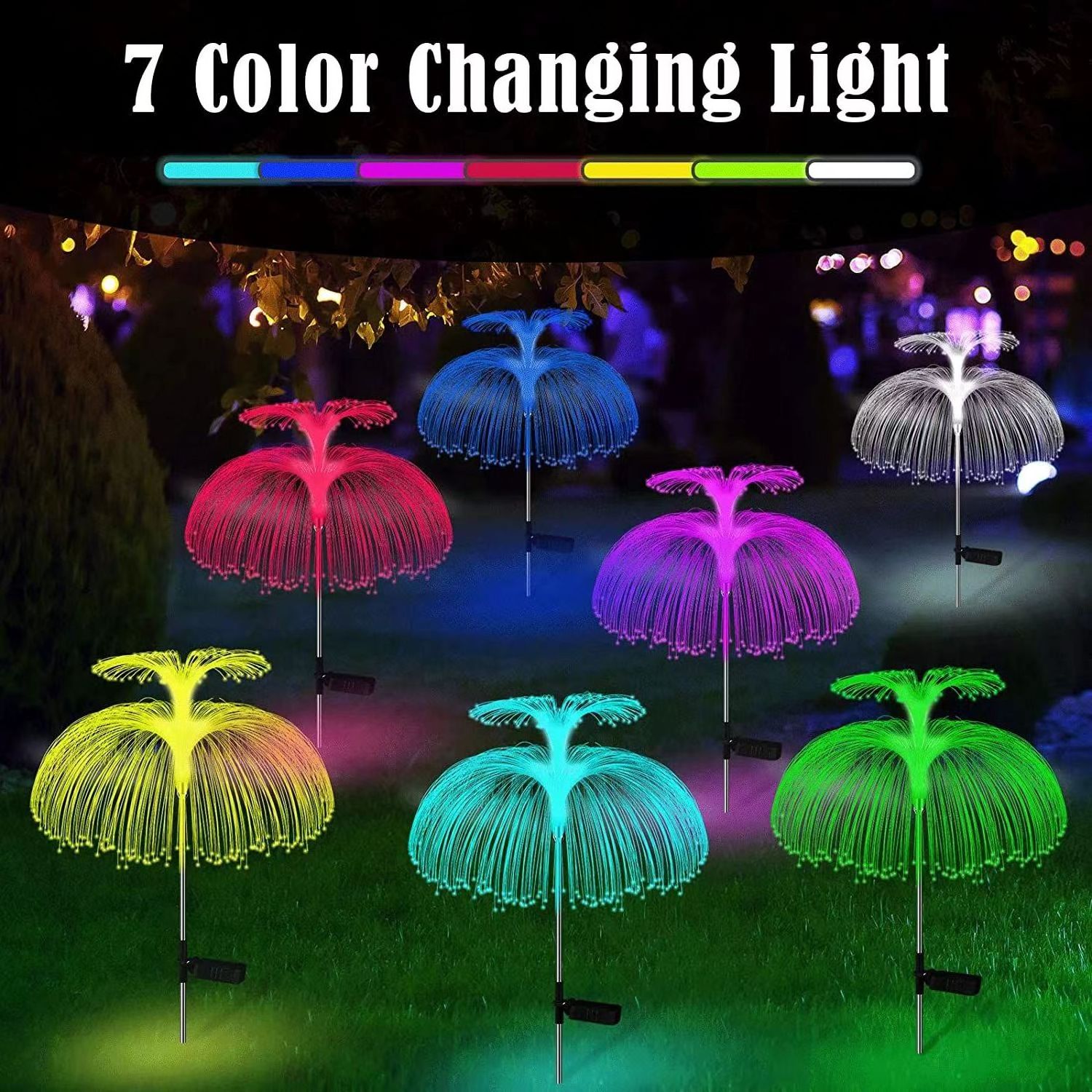 2024 New Style Solar Powered Lawn Lamps 7 Color Changing Double-Deck RGB Garden Lights Solar Jellyfish Fiber Optic Light