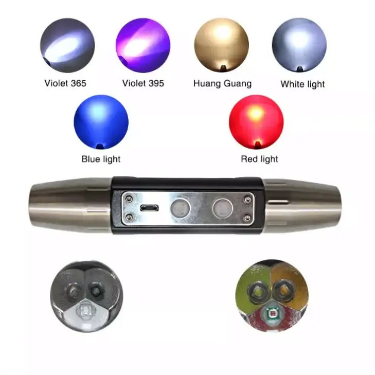 4 Lights Aluminum Alloy Stainless Steel Head White Purple Yellow Light USB Gem Stone Jade Jewelry Flashlights