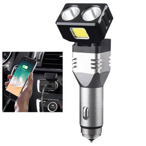 Led Torch Light Portable Aluminum Plastic Security Hammer Cob Charger Rechargeable Car Charging Flashlight With Power Bank