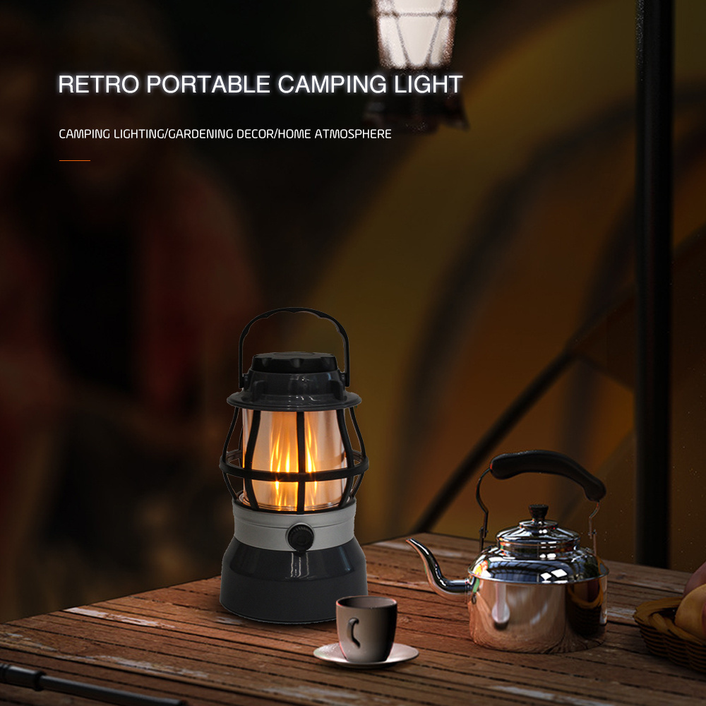 factory wholesale outdoor double light source 3*aa battery white light +flame light stepless rotary switch flame camping lamp