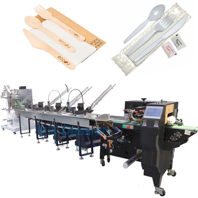 Full Automatic Disposable Tableware Set Packing Machine Plastic Cutlery Set Packing Machine Wooden Cutlery Set Packing Machine