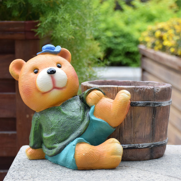 Kindergarten Decoration Cartoon Bear Statue Flower Pot Garden Ornament Resin Craft Cute Cartoon Animal Plant Pot Bear Sculptures