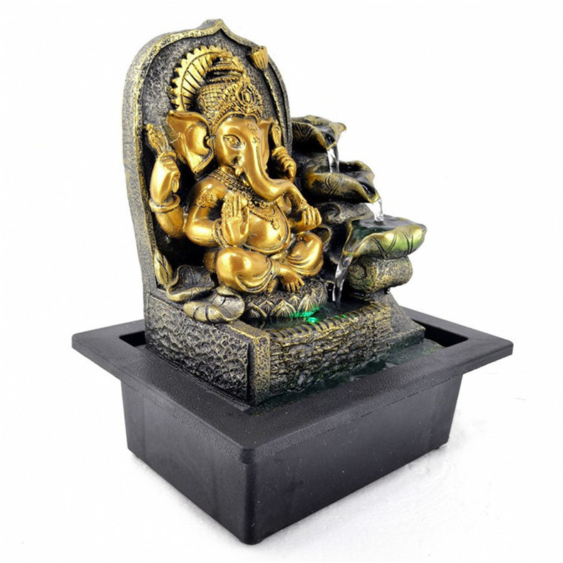 New Product Resin Buddhism Waterfall Table Fountain Hindu Elephant God Figurine Resin Craft Ganesh Statue Buddha Water Fountain