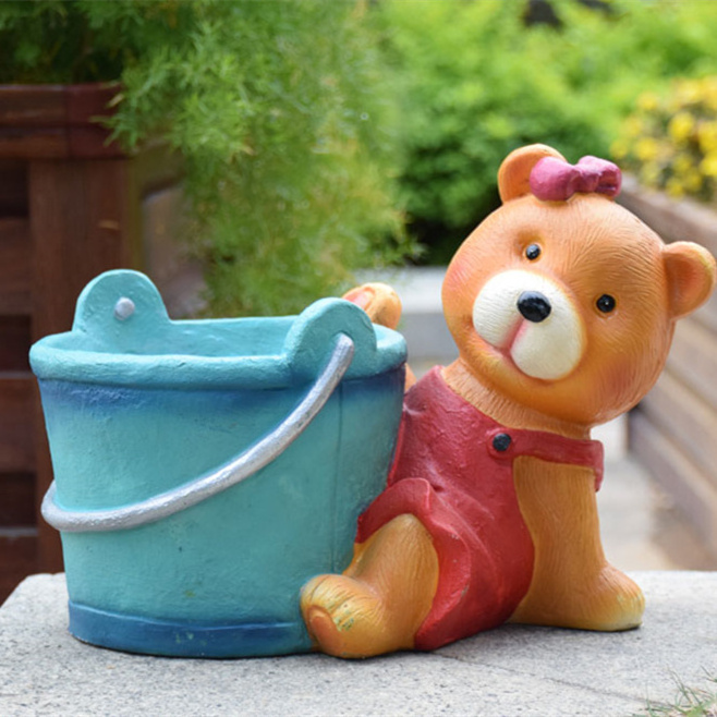 Kindergarten Decoration Cartoon Bear Statue Flower Pot Garden Ornament Resin Craft Cute Cartoon Animal Plant Pot Bear Sculptures