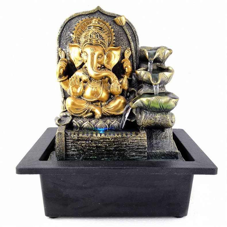 New Product Resin Buddhism Waterfall Table Fountain Hindu Elephant God Figurine Resin Craft Ganesh Statue Buddha Water Fountain