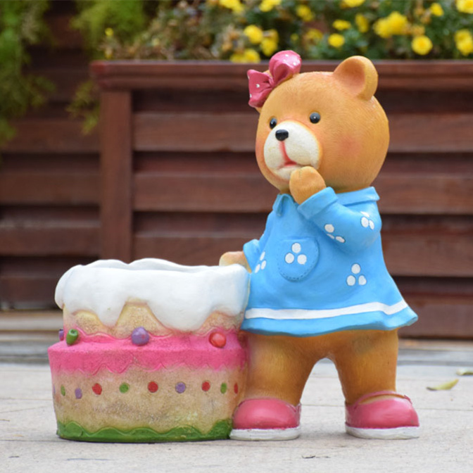 Kindergarten Decoration Cartoon Bear Statue Flower Pot Garden Ornament Resin Craft Cute Cartoon Animal Plant Pot Bear Sculptures