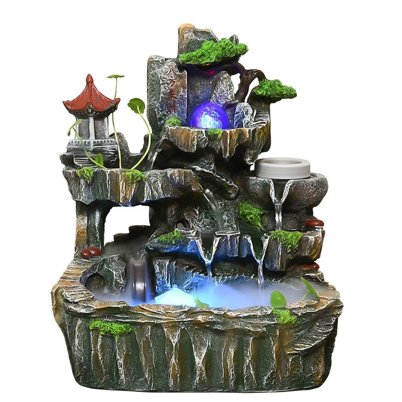 Simulation Rockery Resin Crafts Rockery Pavilion New Chinese Style Feng Shui Desktop Tabletop Water Fountain Ornaments