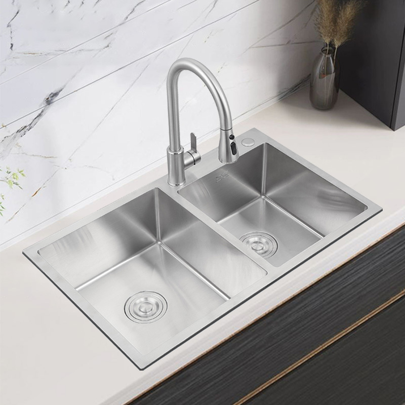 HM7541 Durable Contemporary Double Bowl Brushed Square 304 Stainless Steel  Basin Handmade Kitchen Sink