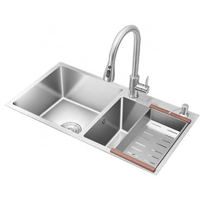 HM7541 Durable Contemporary Double Bowl Brushed Square 304 Stainless Steel  Basin Handmade Kitchen Sink