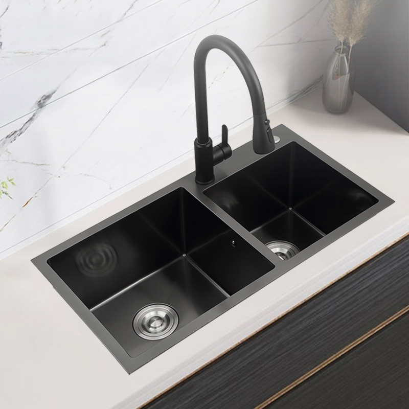 8045 handmade large capacity double bowl basin household black nano kitchen sink 304 stainless steel modern sink kitchen