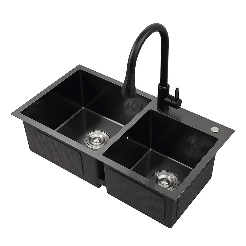 8045 handmade large capacity double bowl basin household black nano kitchen sink 304 stainless steel modern sink kitchen