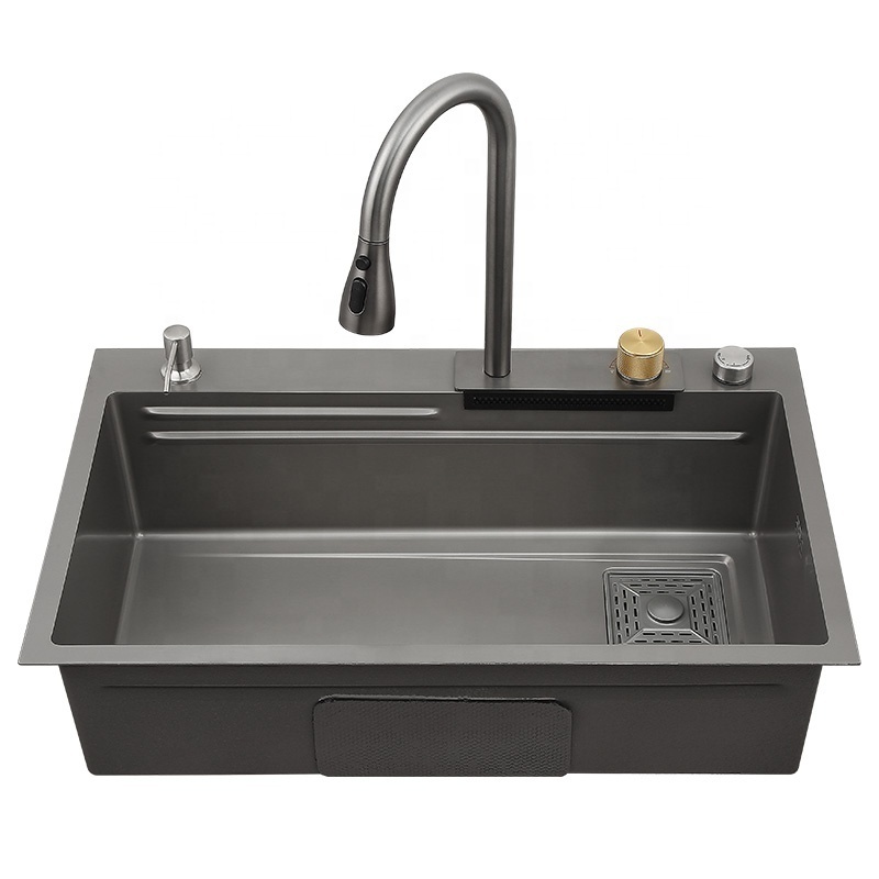 7546R waterfall faucet kitchen sink black handmade single basin SUS304 stainless steel multifunction smart kitchen sink