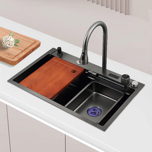 304 stainless steel waterfall kitchen sink with Digital display faucet nano black thickening handmade smart sink kitchen