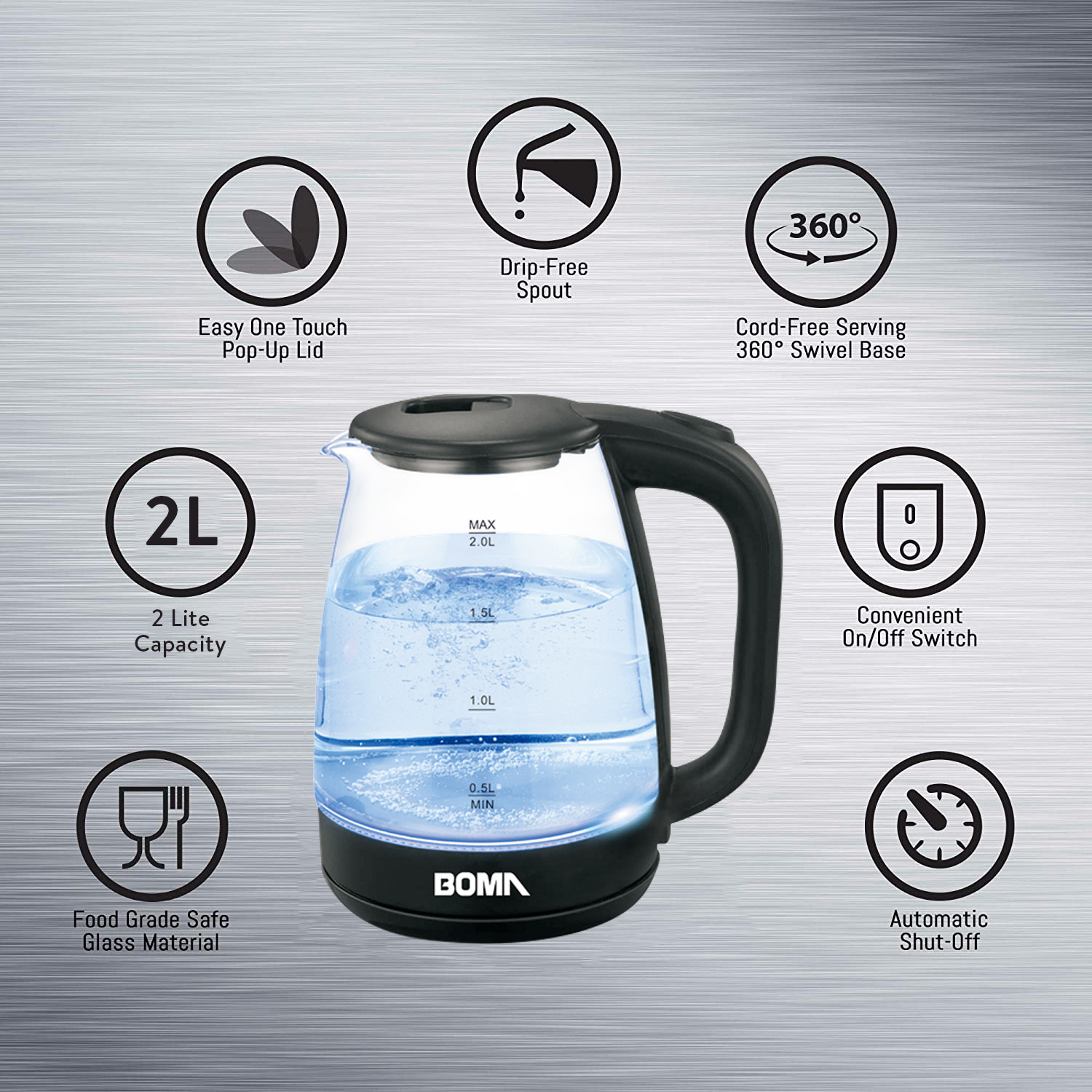 BOMA 2.0L Clear Glass Electric Coffee Kettle Kitchen application 2 color available household electric kettle 1500W 220V