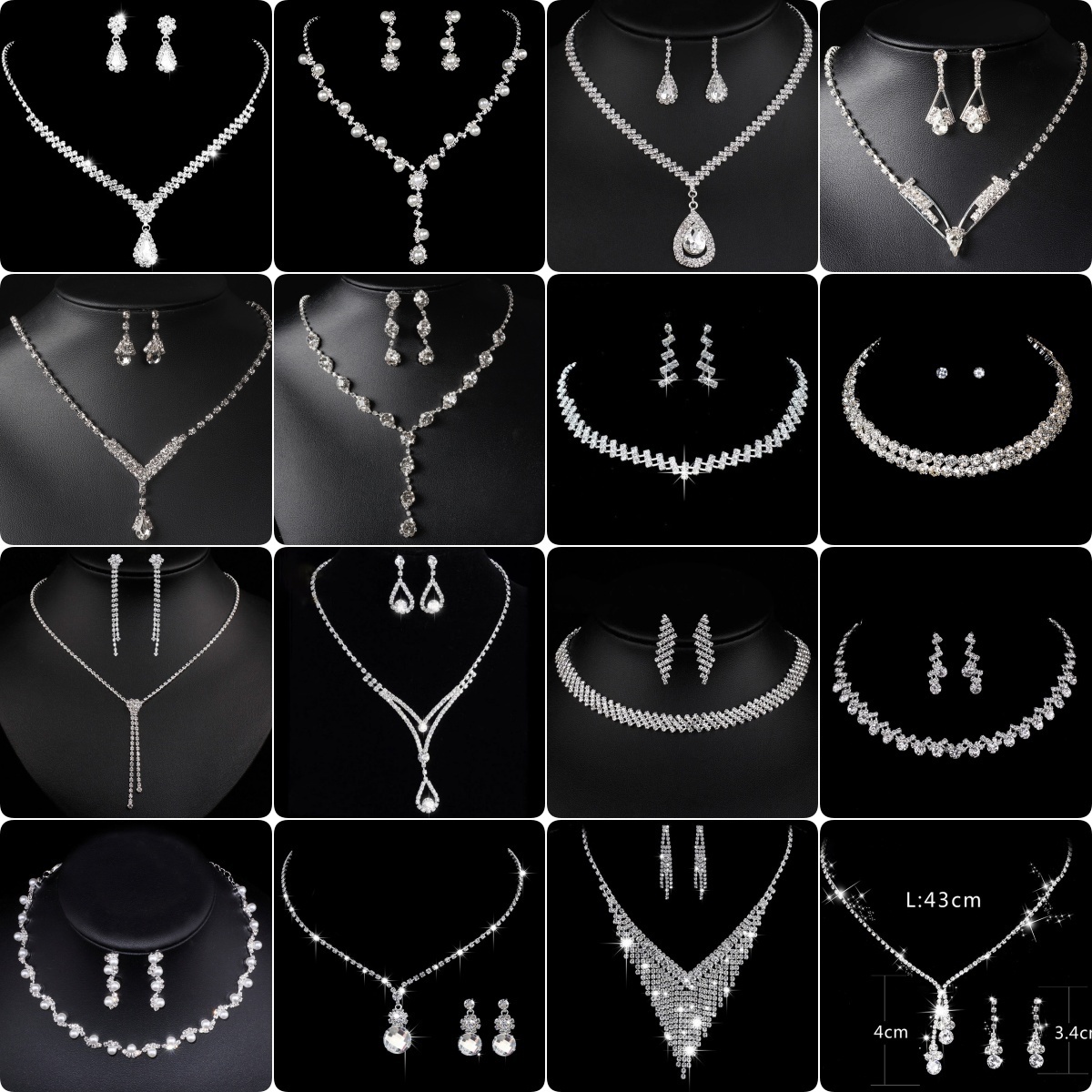 2pcs Luxury Bling Diamond Bridal Jewelry Rhinestone Necklace Earrings Sets Silver Plated Zircon Wedding Necklace Set