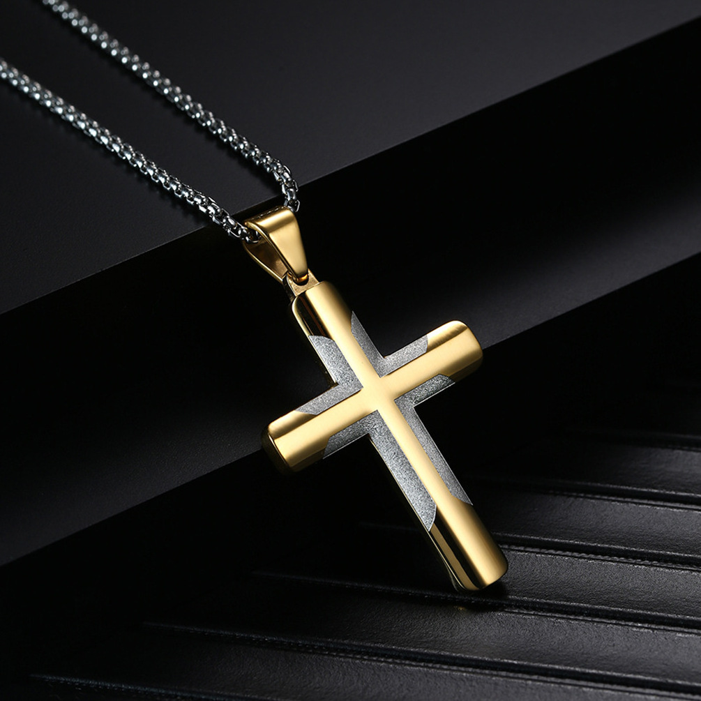 Two Tone Silver Blue 18k Gold Plated Titanium Cross Pendant Necklace Tarnish Free 316L Stainless Steel Cross Necklace for men