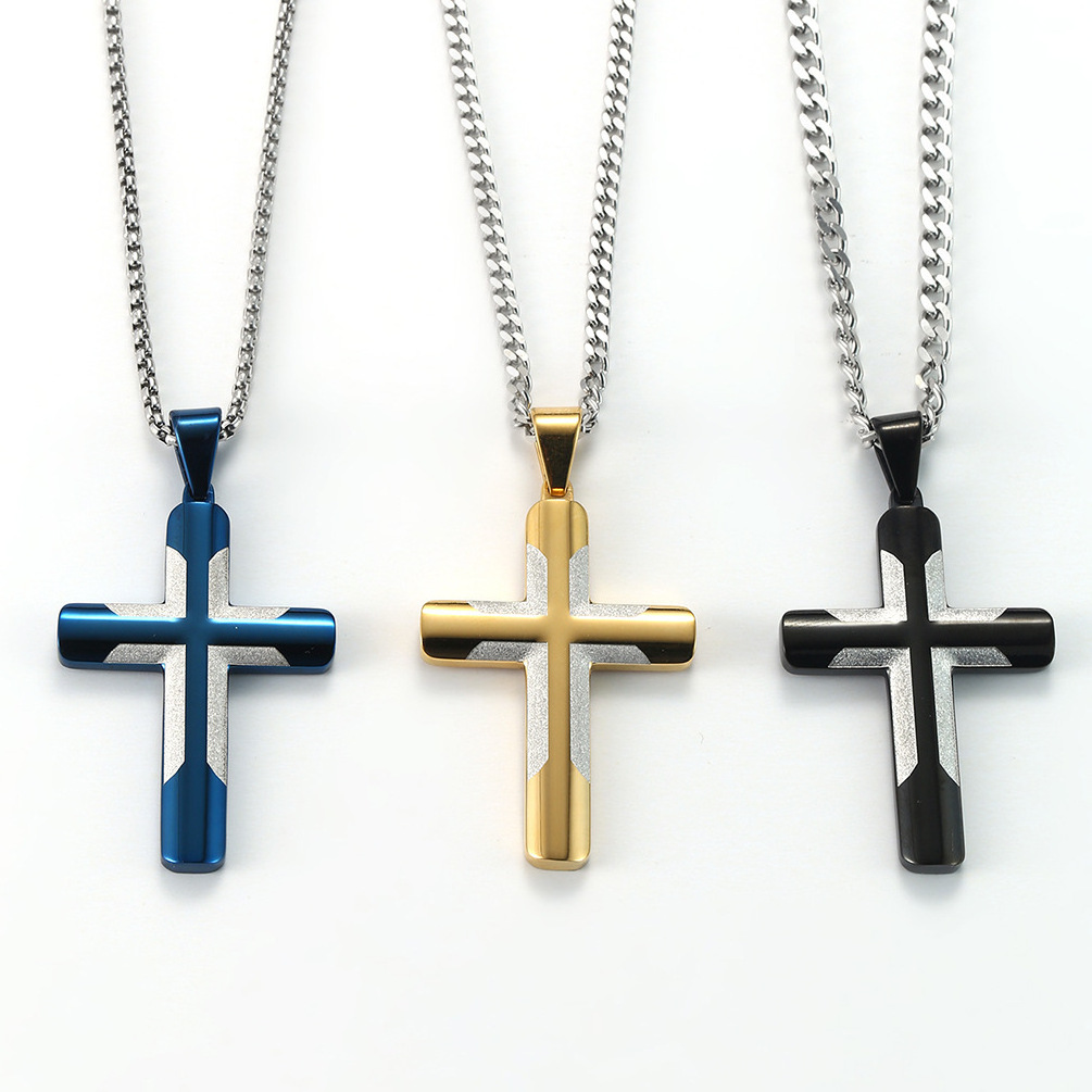 Two Tone Silver Blue 18k Gold Plated Titanium Cross Pendant Necklace Tarnish Free 316L Stainless Steel Cross Necklace for men