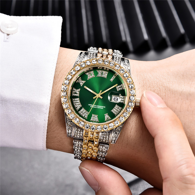 Hip Hops Brand Luxury Bling Iced Out Moissanite Diamond Watch Mens Silver 18K Gold Plated Stainless Steel Quartz Watches for men