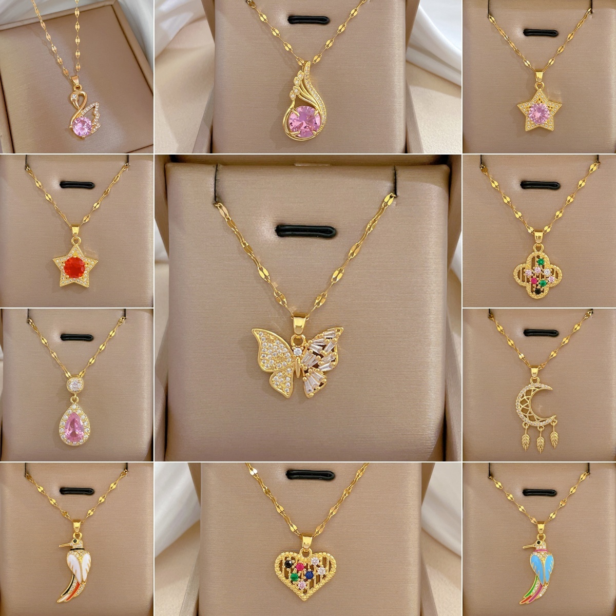 56 Model 18k Real Gold Plated Zircon Flower Cross Necklace Stainless Steel Opal Heart Shell Butterfly Pendant Necklace