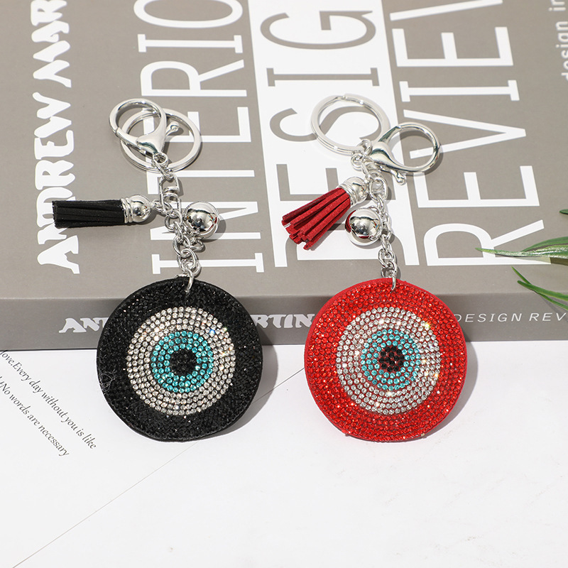 Wholesale Car Bag Pendant Accessories Round Blue Diamond Crystal Evil Eyes Tassel Keychain Bling Evil Eyes Rhinestone Keychain