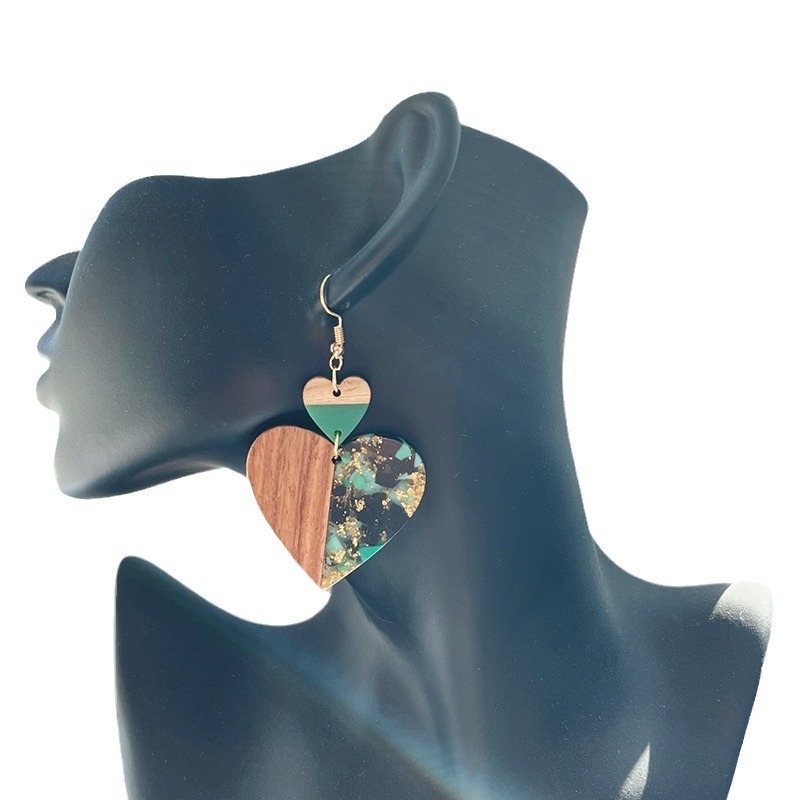 2024 Unique Trendy Jewelry Gold Foil Green Resin Heart Shape Earrings Square Round Geometric Wood Resin Drop Earrings