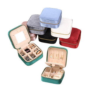 Portable Earrings Rings Necklaces Small Travel Jewelry Case Zipper Storage Mirror Velvet Jewelry Organizer Box