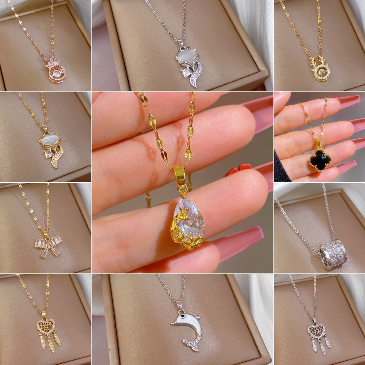 56 Model 18k Real Gold Plated Zircon Flower Cross Necklace Stainless Steel Opal Heart Shell Butterfly Pendant Necklace