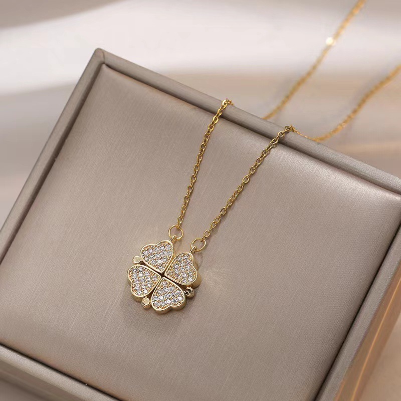 18K Gold Plated Crystal Clover Necklace Lucky CZ Magnetic Stainless Steel Four Leaf Clover Heart Necklace