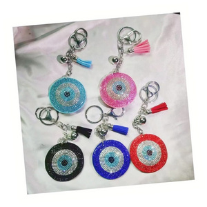 Wholesale Car Bag Pendant Accessories Round Blue Diamond Crystal Evil Eyes Tassel Keychain Bling Evil Eyes Rhinestone Keychain