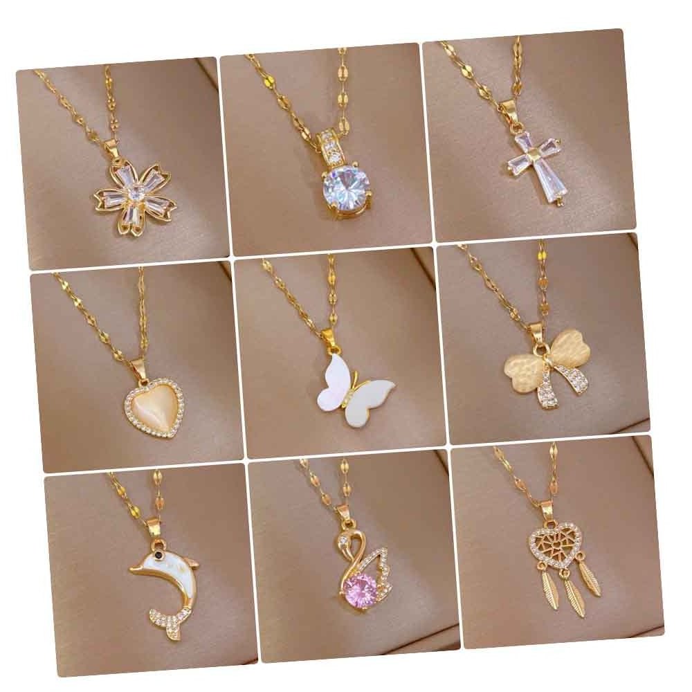 56 Model 18k Real Gold Plated Zircon Flower Cross Necklace Stainless Steel Opal Heart Shell Butterfly Pendant Necklace