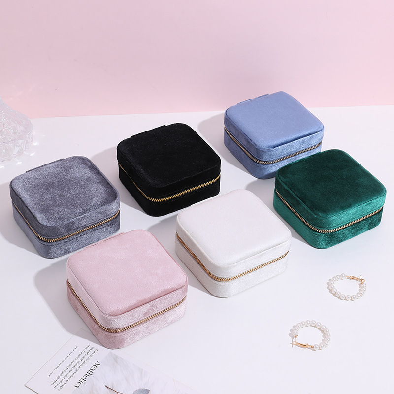 Portable Earrings Rings Necklaces Small Travel Jewelry Case Zipper Storage Mirror Velvet Jewelry Organizer Box