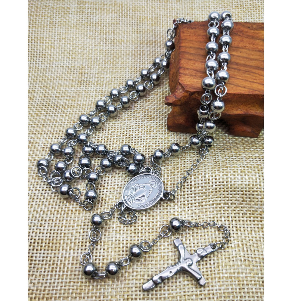 Silver 18k Gold Plated Religious Catholic Jewelry Jesus Cross Virgin Mary Necklace 6MM Beads Stainless Steel Rosary Necklace