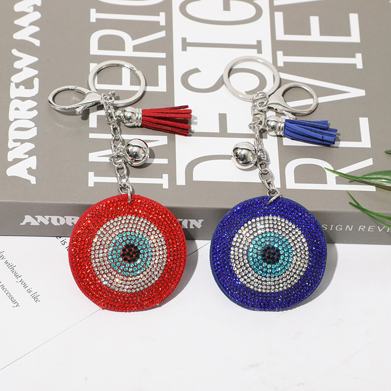 Wholesale Car Bag Pendant Accessories Round Blue Diamond Crystal Evil Eyes Tassel Keychain Bling Evil Eyes Rhinestone Keychain