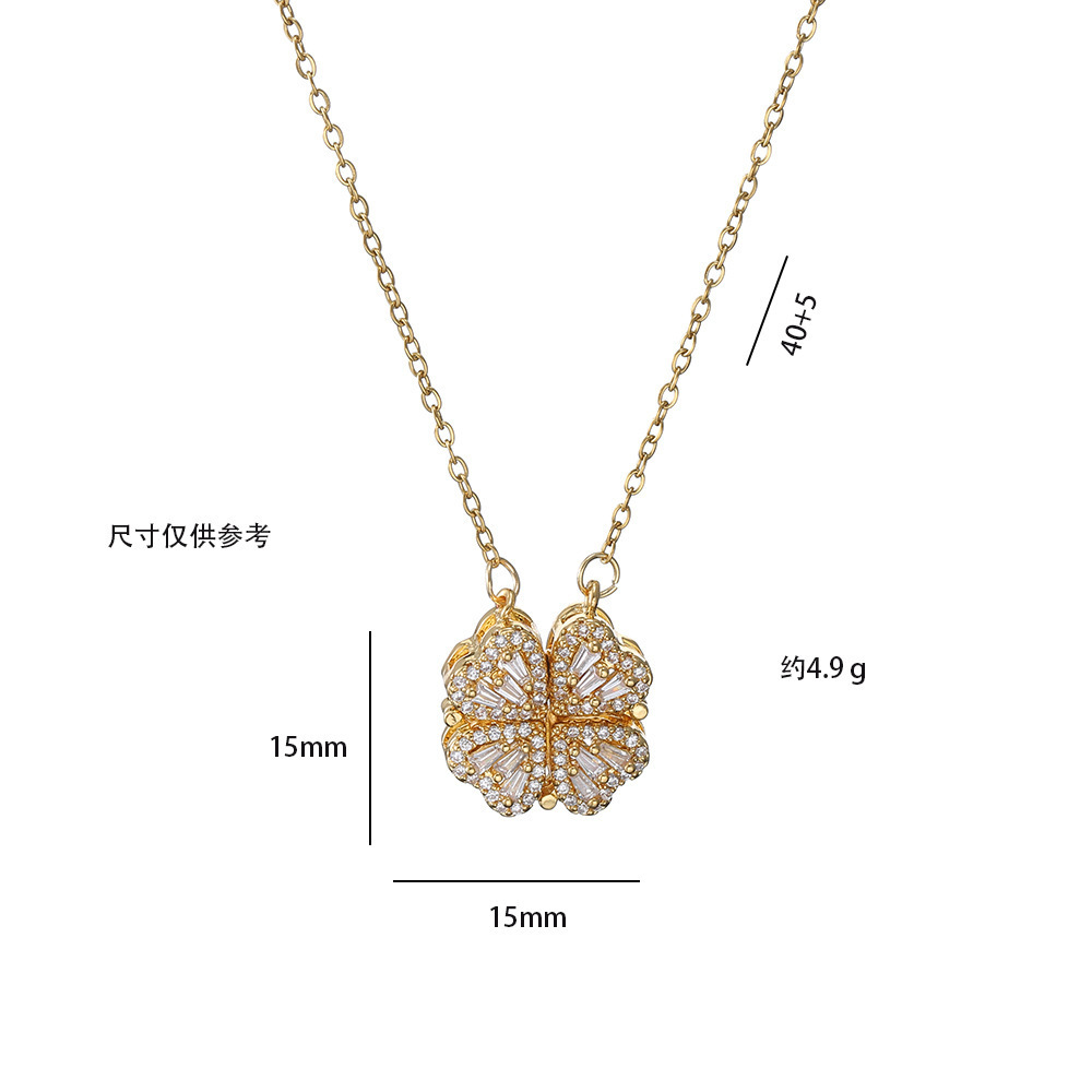 18K Gold Plated Crystal Clover Necklace Lucky CZ Magnetic Stainless Steel Four Leaf Clover Heart Necklace