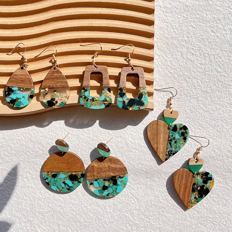 2024 Unique Trendy Jewelry Gold Foil Green Resin Heart Shape Earrings Square Round Geometric Wood Resin Drop Earrings